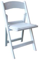 A white resin folding chair.