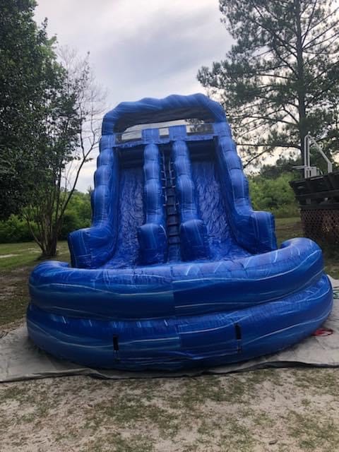 An inflatable water slide.